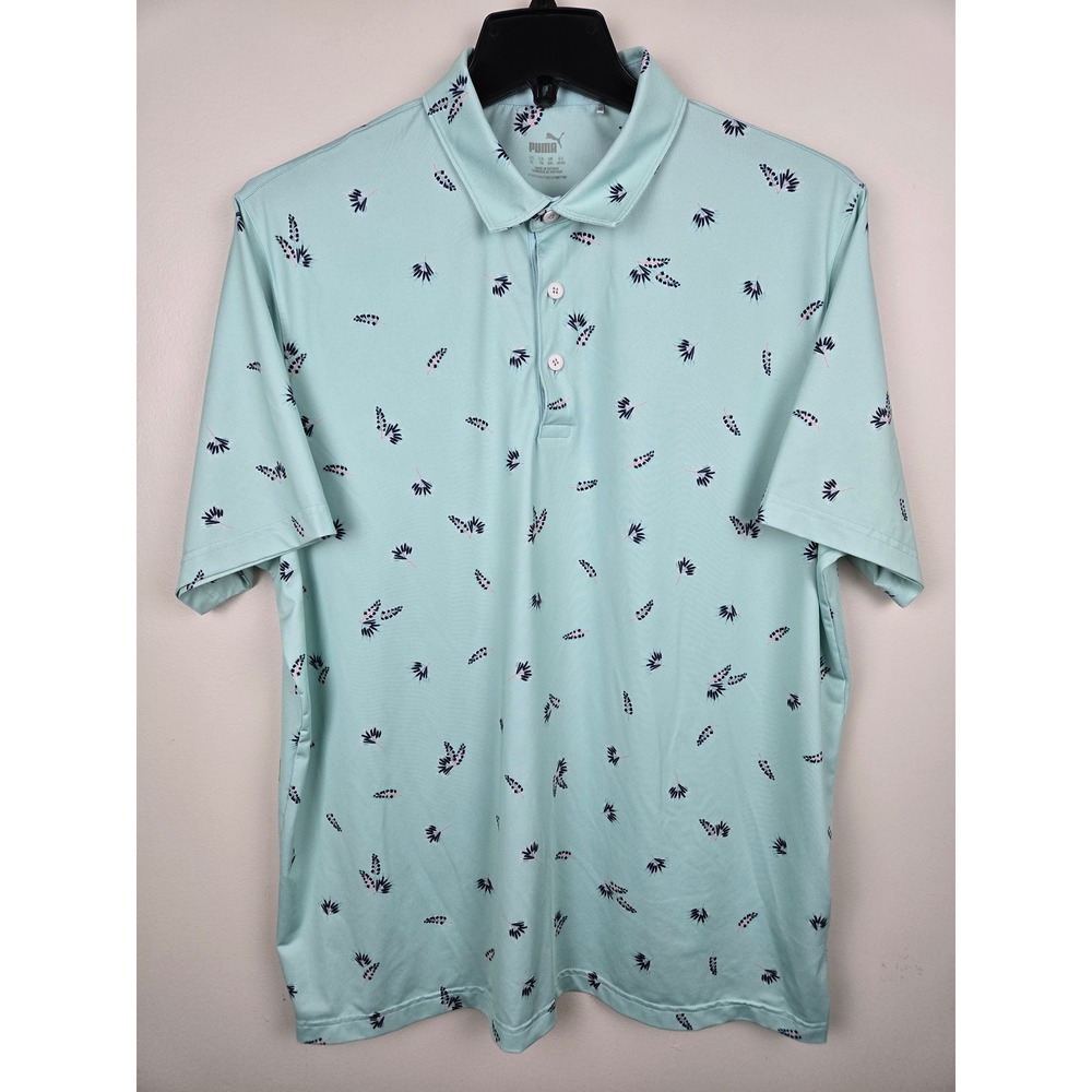 Puma Golf Mens XL Polo‎ Shirt Seafoam Green Tropical Leaf Print 821552-02